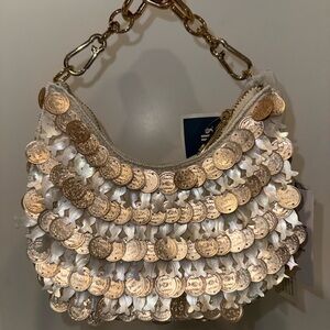 White Coin-Embellished Shoulder Bag with Gold Chain